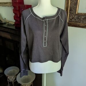 Intimately Free People Early Night Crop Top Henley Thermal Long Sleeve Wms Large